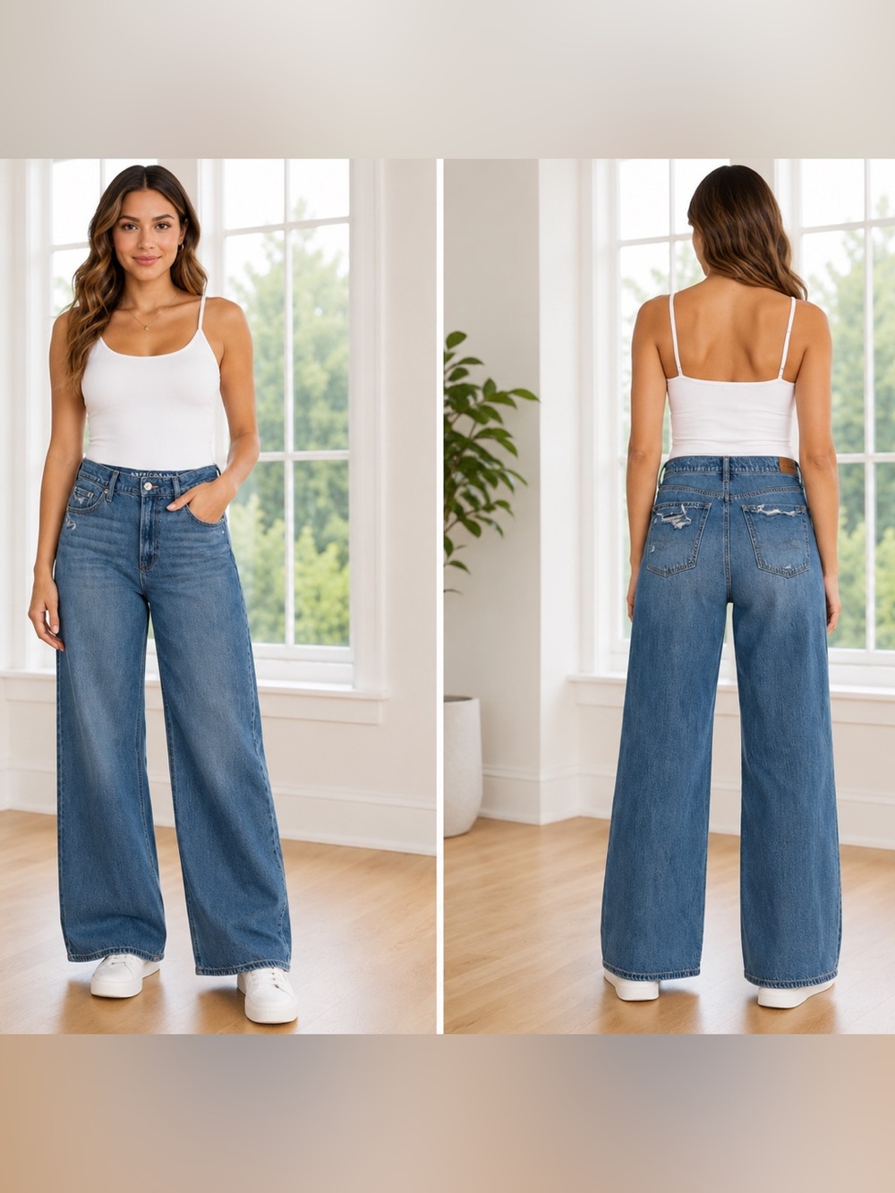 American Eagle Outfitters Skater Jeans Wide Leg Distressed Light Wash Denim-14L